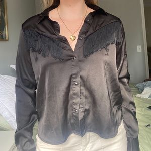 Cowgirl Inspired Black Blouse with Fringe Detail